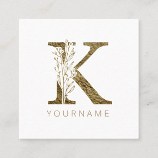 Floral Monogram K Elegant Gold Foliage Quadratische Visitenkarte