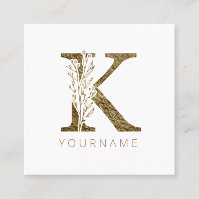 Floral Monogram K Elegant Gold Foliage Quadratische Visitenkarte (Vorderseite)