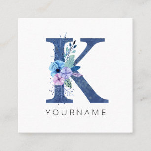 Floral Monogram K Winter Blue Blossoms Quadratische Visitenkarte