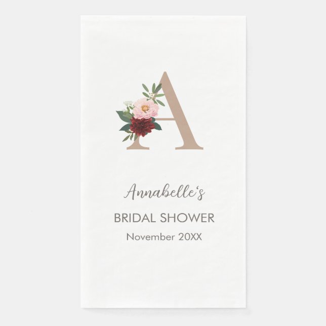 Floral Monogram Letter A Brautparty Serviette (Vorderseite)