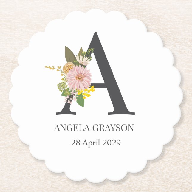 Floral Monogram Letter A Custom Name and Date  Untersetzer (Vorderseite)