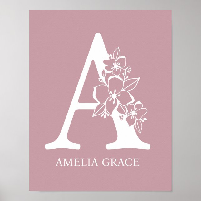 Floral Monogram Letter A Name Kinderzimmer Modern Poster (Vorne)