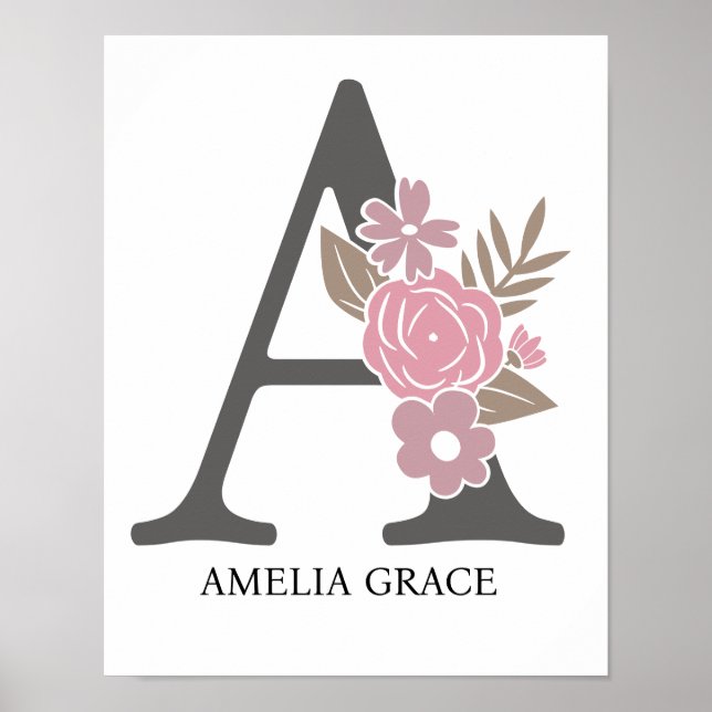 Floral Monogram Letter A Name Kinderzimmer Modern Poster (Vorne)