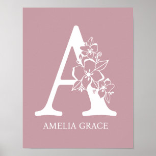 Floral Monogram Letter A Name Nursery Modern  Poster