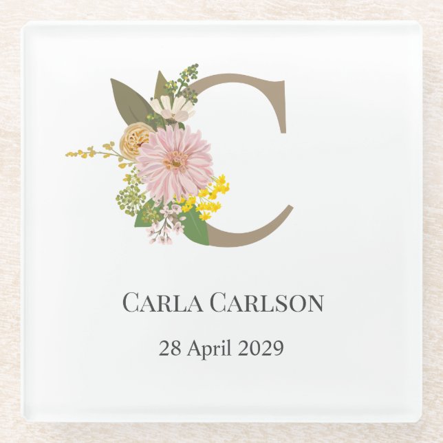 Floral Monogram Letter C Custom Name and Date  Glasuntersetzer (Vorderseite)