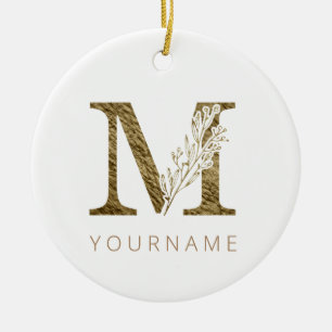 Floral Monogram M Elegant Gold Foliage Keramik Ornament