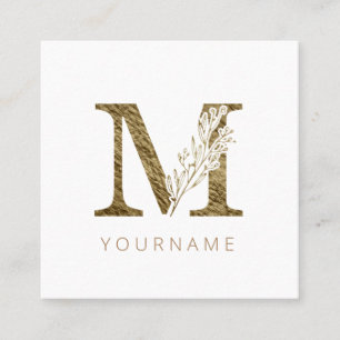 Floral Monogram M Elegant Gold Foliage Quadratische Visitenkarte