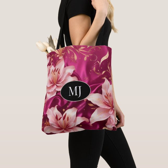 Floral Monogram Magenta Gold Custom Totbeutel (Von Nahem)