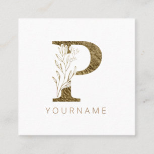 Floral Monogram P Elegant Gold Foliage Quadratische Visitenkarte