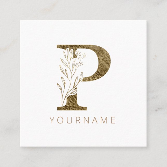Floral Monogram P Elegant Gold Foliage Quadratische Visitenkarte (Vorderseite)