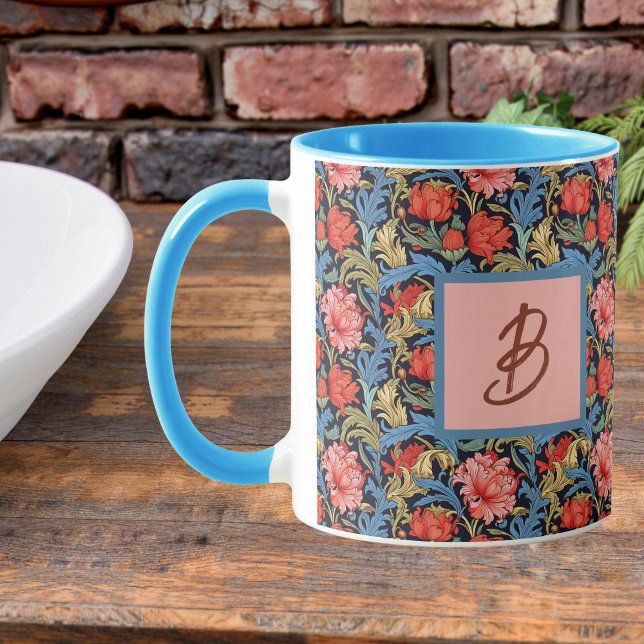 Floral Monogram Pink Blue William Morris Style Tasse (Von Creator hochgeladen)