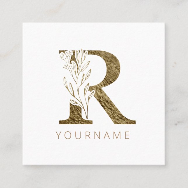 Floral Monogram R Elegant Gold Foliage Quadratische Visitenkarte (Vorderseite)