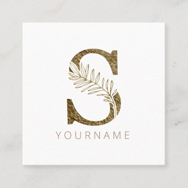 Floral Monogram S Elegant Gold Foliage Quadratische Visitenkarte (Vorderseite)