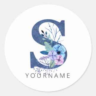Floral Monogram S Winter Blue Bllossen Runder Aufkleber