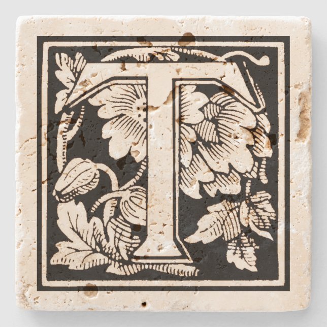 Floral Monogram 'T' auf dem Sepia-Platz Steinuntersetzer (Vorderseite)
