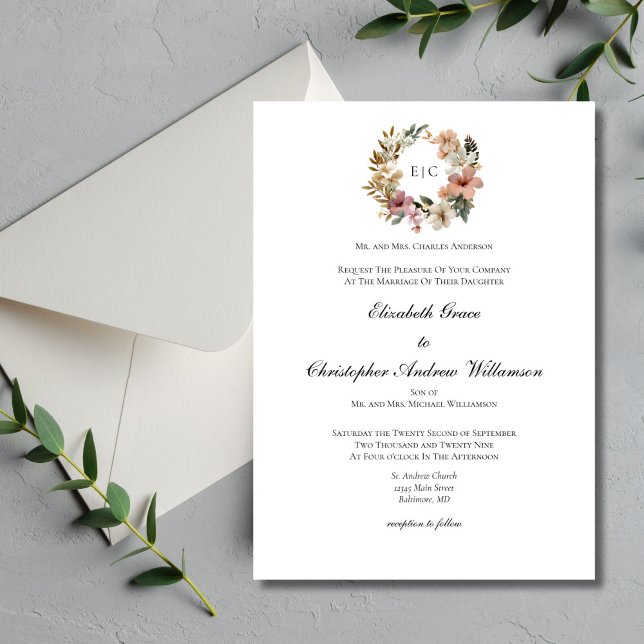 Floral Monogram Traditionelle formale Hochzeit Einladung (Floral Monogram Crest elegant traditional minimalist classic wedding invitation. Printed or Digital)