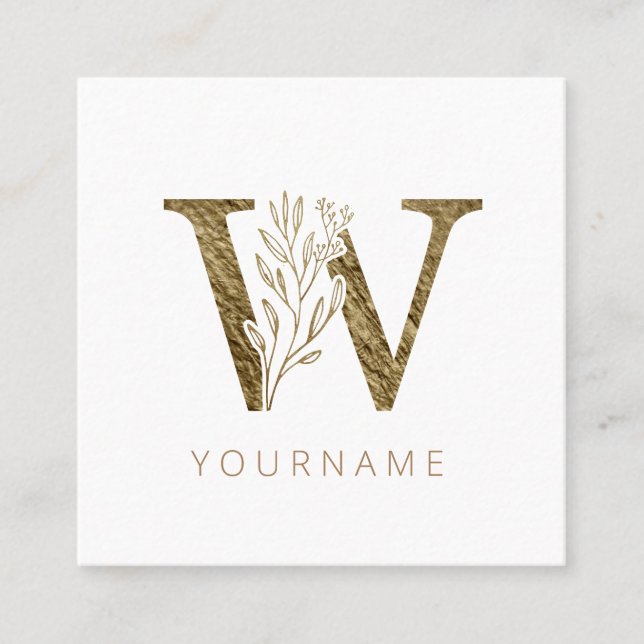 Floral Monogram W Elegant Gold Foliage Quadratische Visitenkarte (Vorderseite)
