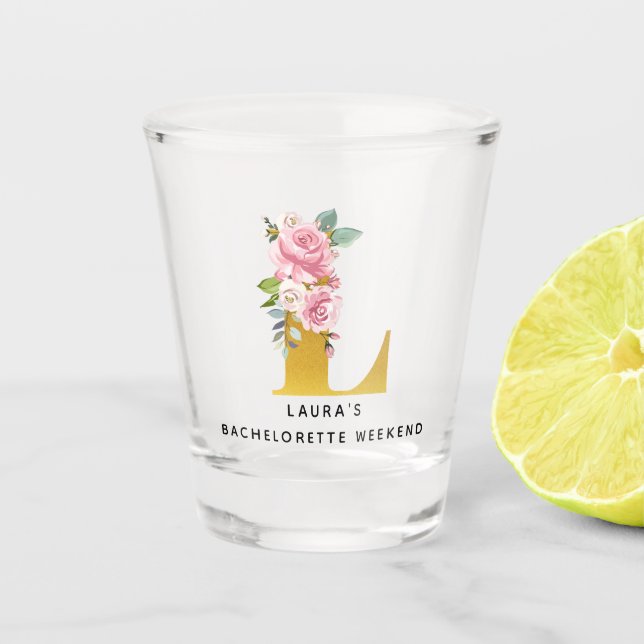 Floral Monogramm Bachelorette Wochenendbrief L Schnapsglas (Vorderseite)