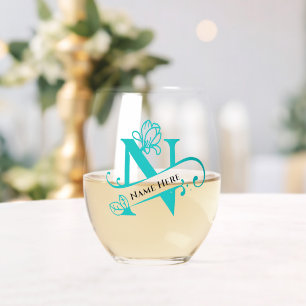Floral Monogramm Buchstabe N Farbe ändern Weinglas Ohne Stiel