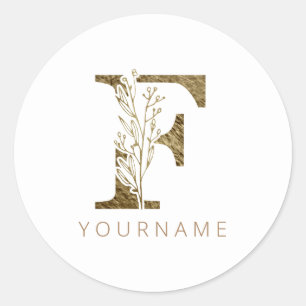 Floral Monogramm F Elegangoldfoliage Runder Aufkleber