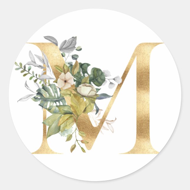 Floral Monogramm in Gold Klassischer Rundsticker Runder Aufkleber (Vorderseite)