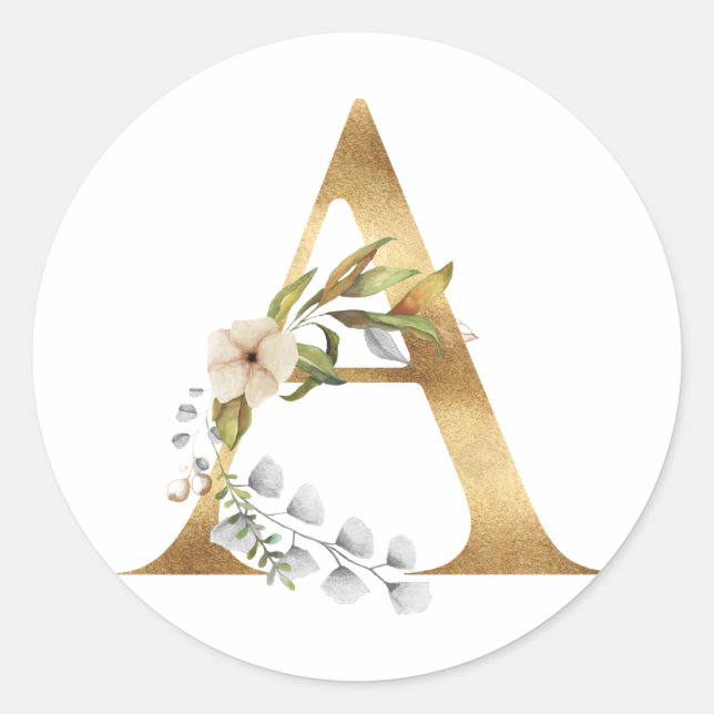 Floral Monogramm in Gold Runder Aufkleber (Vorderseite)