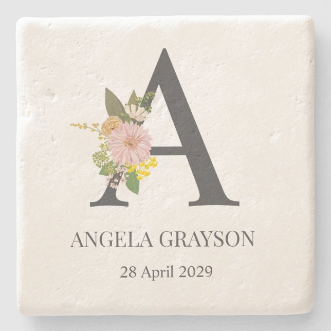 Floral Monogramm Letter A Individuelle Name und Da Steinuntersetzer (Vorderseite)