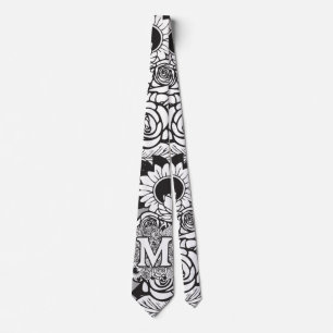 Floral Monogramm "M" Schwarz-Weiß-Tattoo-Blume Krawatte