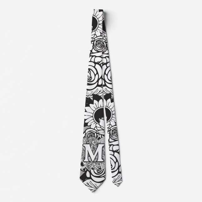 Floral Monogramm "M" Schwarz-Weiß-Tattoo-Blume Krawatte (Vorderseite)