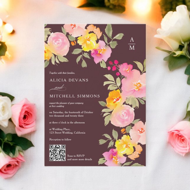 Floral Monogramm Qr Code Foto braune Hochzeit Einladung (Floral monogram Qr code photo brown wedding Invitation)