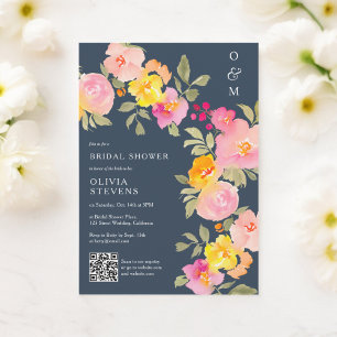 Floral Monogramm Qr Foto blaues Brautparty Einladung