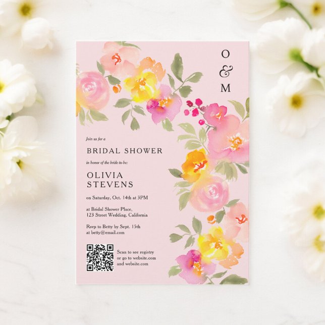 Floral Monogramm Qr Foto rosa Brautparty Einladung (Floral monogram Qr code photo pink bridal shower Invitation)