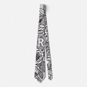 Floral Monogramm "R" Schwarz-Weiß-Tattoo-Blume Krawatte