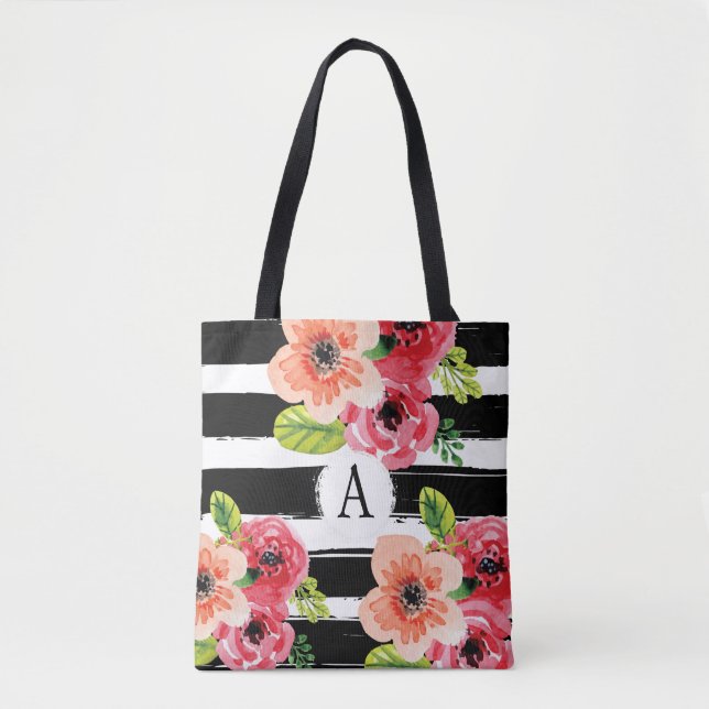 Floral Monogrammatioe Schwarz-weiße Streifen | Tas (Vorderseite)