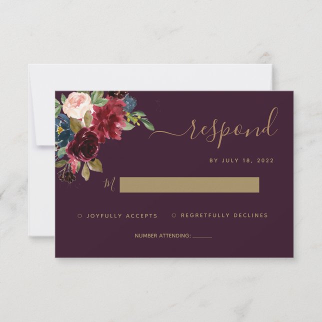 Floral Moody Dark Plum Jewel Tone Hochzeit RSVP Karte (Vorderseite)