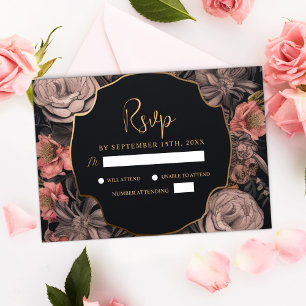 Floral Moody Dark Skull Black Gothic Wedding RSVP Karte