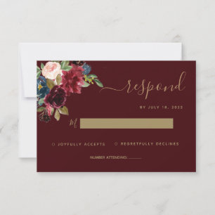 Floral Moody Ruby Red Jewel Tone Wedding RSVP Karte