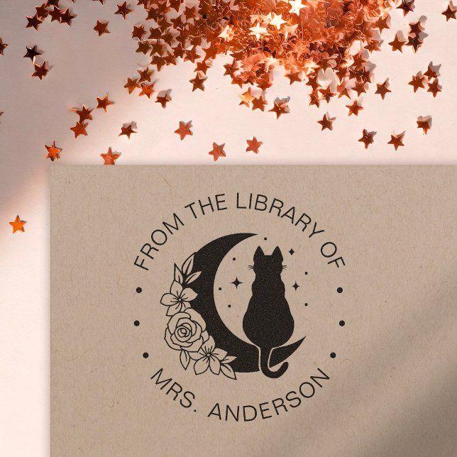 Floral Moon Cat Buchbibliothek Lehrer Permastempel (Von Creator hochgeladen)