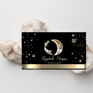 Floral Moon Gold Stars Black Yoga Studio Visitenkarte
