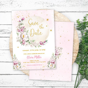 Floral Moon Pink Babydusche Save the Date Karte