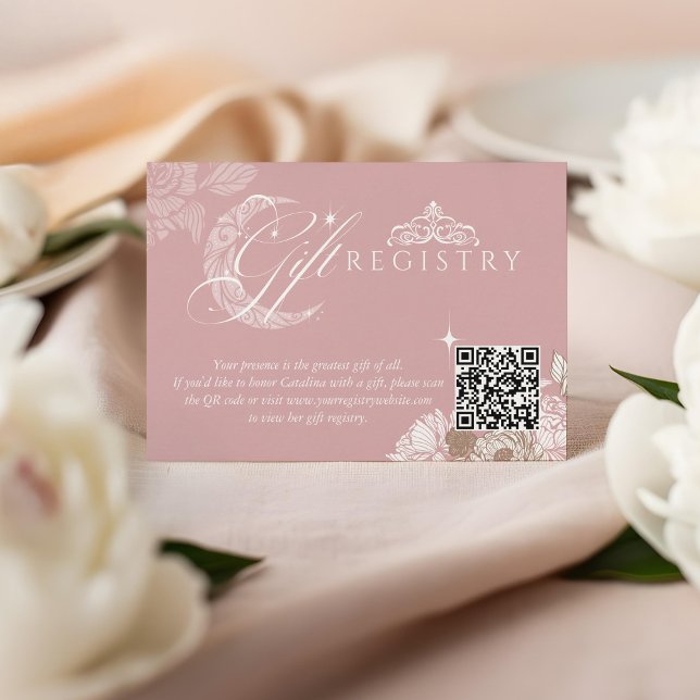 Floral Moon Star Quinceañera QR Code Gift Registry Begleitkarte (Von Creator hochgeladen)