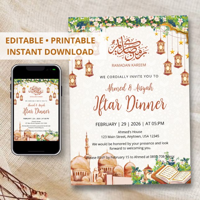 Floral Mosque & Lanterns Ramadan Iftar Dinner Einladung (Von Creator hochgeladen)