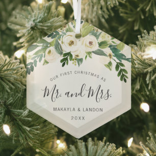 Floral Mr. und Mrs. Foto Unsere ersten Weihnachten Ornament Aus Glas