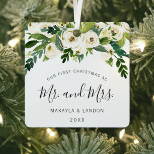 Floral Mr. und Mrs. Foto Unsere ersten Weihnachten Ornament Aus Metall