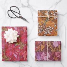 Floral Mucha Red Orange Lila Irische Vintage Kunst Geschenkpapier Set