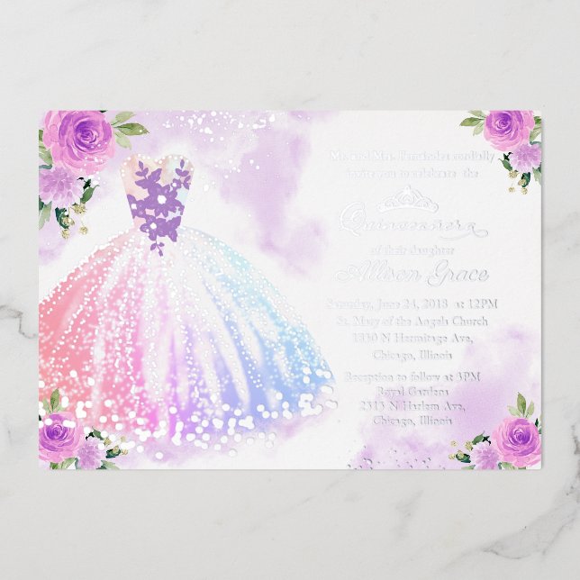Floral Multicolor Quinceanera Folieneinladung (Vorderseite)