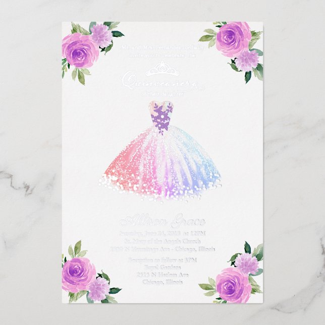 Floral Multicolor Quinceanera Folieneinladung (Vorderseite)