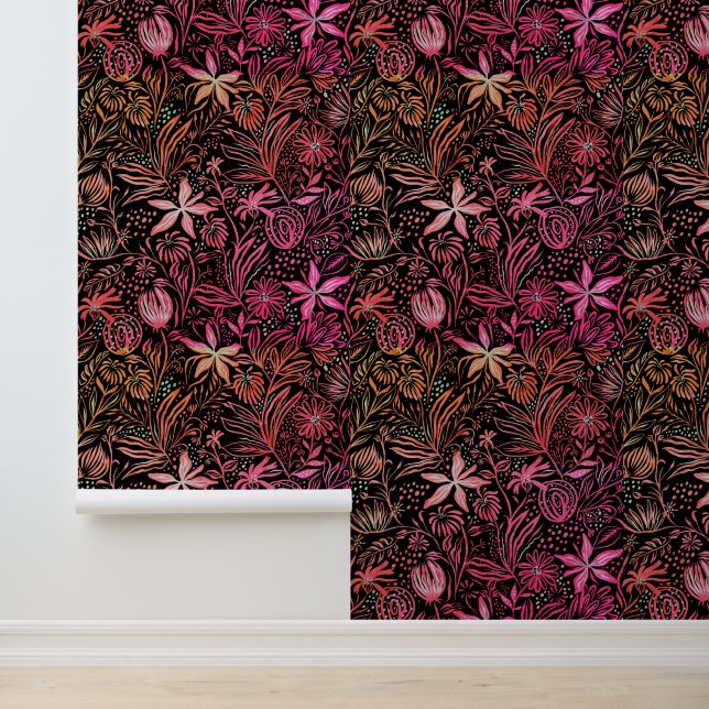 Floral Muster Retro Schwarz Pink Tapete (Anwendung)