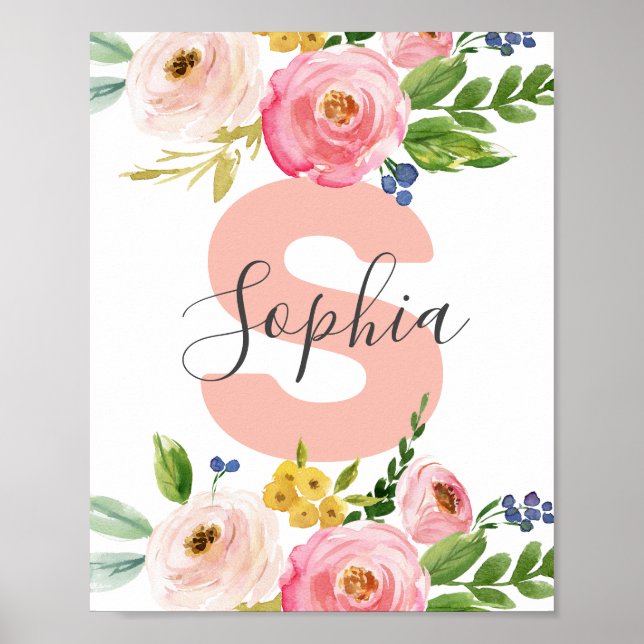 Floral Name Girl Baby Personalisiert Boho Kinderzi Poster (Vorne)