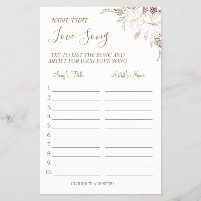 Floral Name that love song shower game card Flyer (Vorne)